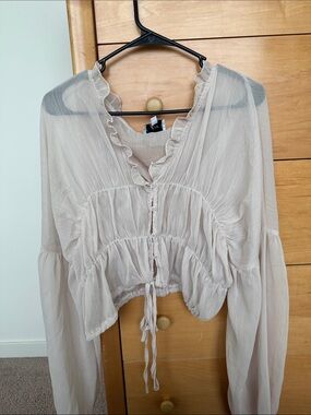 SNDY by Revolve Ruffle-Trim Cream Button-Front Crop Sheer Blouse Going Out Top